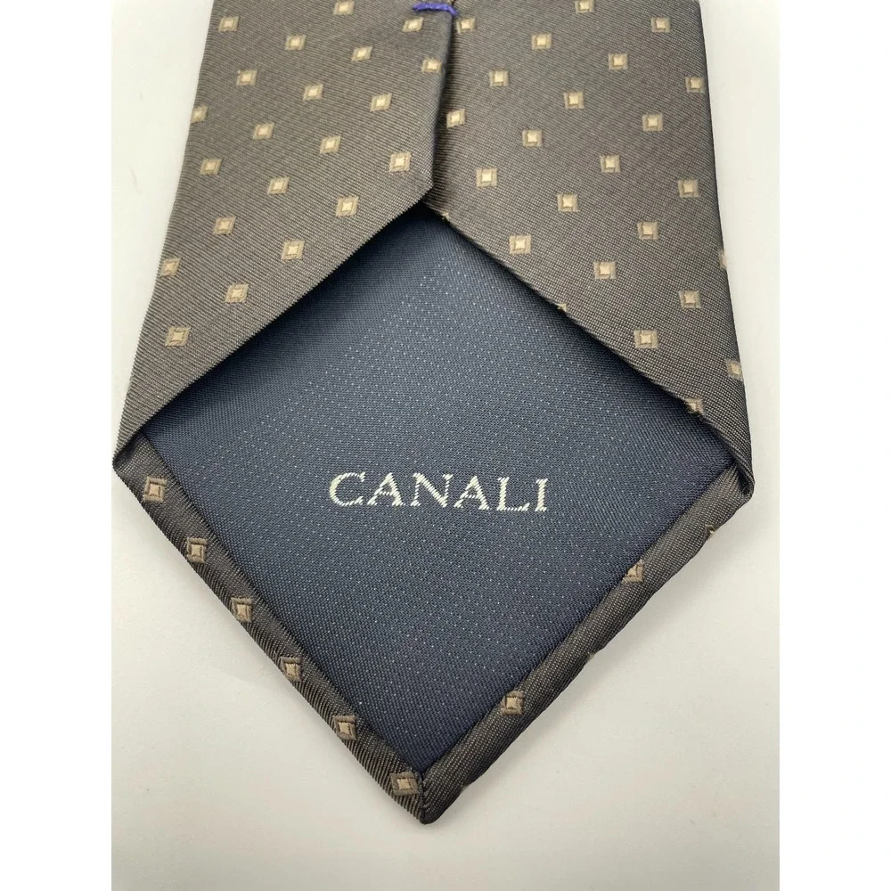 Canali Mens Silk Necktie Charcoal Grey Geometric Square Pattern Made in Italy